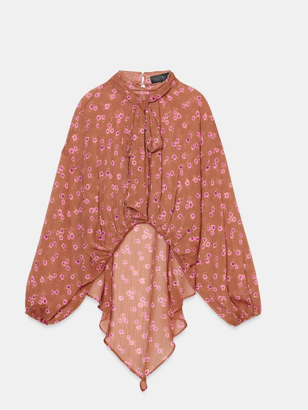 Zara Brown Floral Tie-Neck Handkerchief Hem Blouse with Pink Print